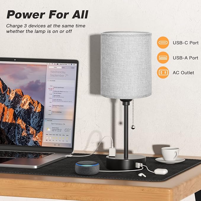 Grey Nightstand Lamps 3 Color Temperatures - 2700K 3500K 5000K Bedside Lamps with USB C and A Ports, Pull Chain Table Lamps with AC Outlet, Small Lamps with Black Metal Base for Sleeping Reading - LeafyLoom