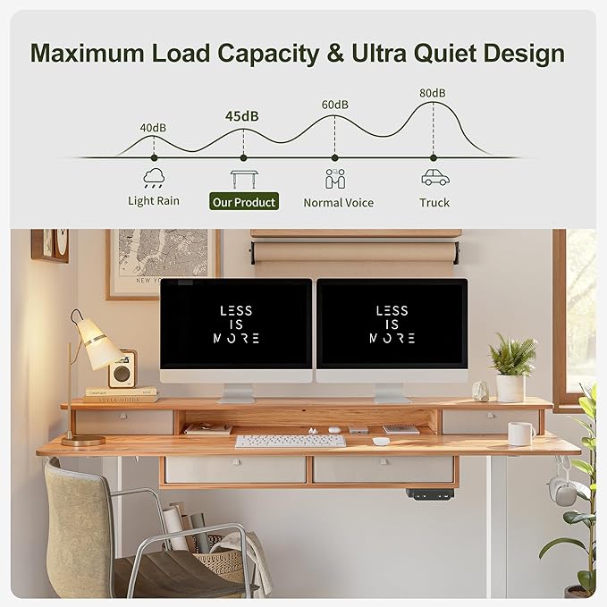 BANTI Height Adjustable Electric Standing Desk with 4 Drawers, 63 x 24 Inch Table with Storage Shelf, Sit Stand Desk, Light Rustic Brown Top - LeafyLoom