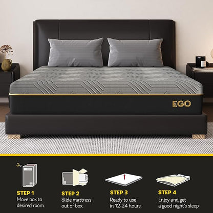 EGOHOME 12 Inch King Mattress, Copper Gel Cooling Memory Foam Mattress for Back Pain Relief,Therapeutic Double Mattress Bed in a Box, Made in USA, CertiPUR-US Certified, 76x80x12 Black - LeafyLoom