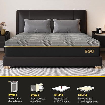 EGOHOME 12 Inch Cal King Mattress, Copper Gel Cooling Memory Foam Mattress for Back Pain Relief,Therapeutic Double Mattress Bed in a Box, Made in USA, CertiPUR-US Certified, 72x84x12 Black - LeafyLoom