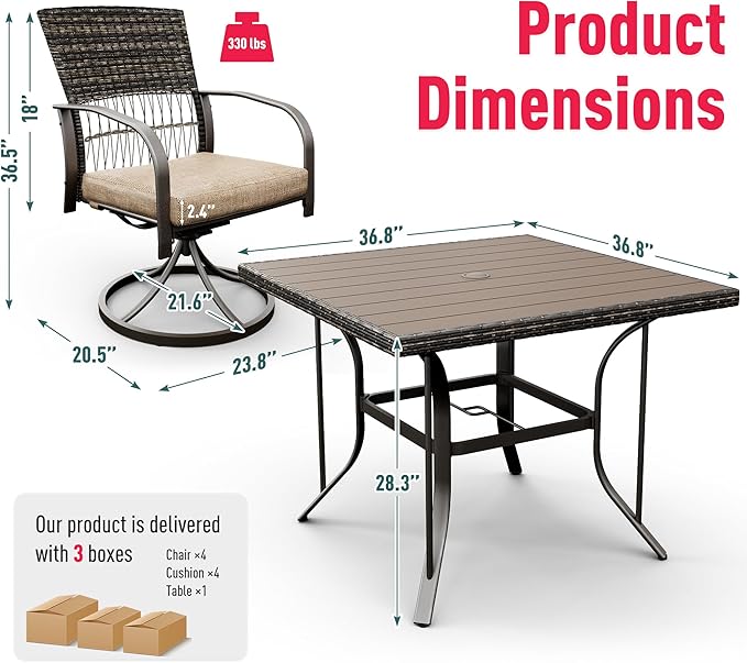 Pamapic 5 Piece Patio Dining Set for 4,Outdoor Wicker Furniture Set for Backyard Garden Deck Poolside with 4 Cushions Swivel Rocker Chairs,Square Plastic-Wood Table Top, Removable Cushions(Beige) - LeafyLoom