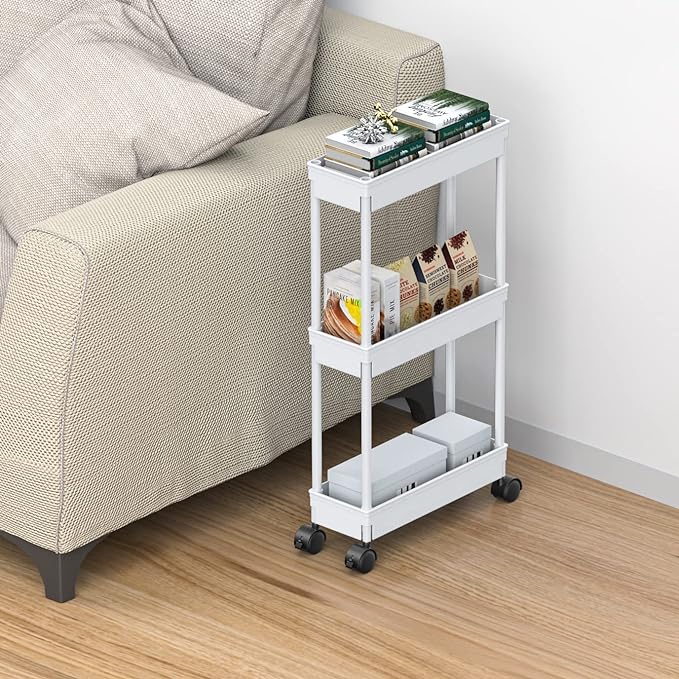 Sooyee 3 Tier Rolling Cart with Wheels,Slim Storage Cart,Narrow Storage Cabinet,Under Desk Storage,Rolling Utility Cart Storage Organizer for Office Bathroom Kitchen Laundry Room Narrow Places, White - LeafyLoom