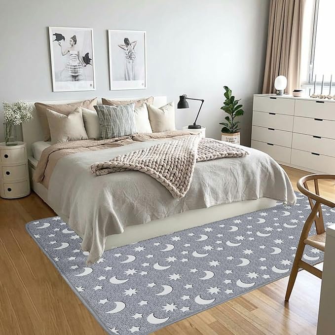 Eanpet Large Playroom Rug for Kids Glow in The Dark Star Area Rugs for Boys Girls Toddlers Bedroom Decorative 5x7 Grey Play Mat for Babies 1-3 Years - LeafyLoom