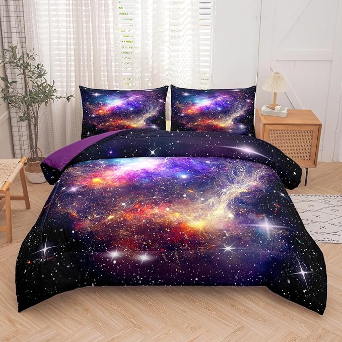 Tailor Shop Galaxy Comforter Space Kids Bedding Set Full Size, Purple Comforter for Girls with 2 Pillowcase - LeafyLoom