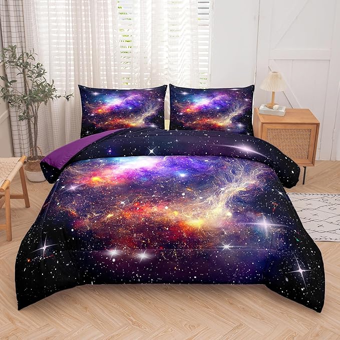 Tailor Shop Galaxy Comforter Space Kids Bedding Set Twin Size, Purple Comforter for Girls with 1 Pillowcase - LeafyLoom