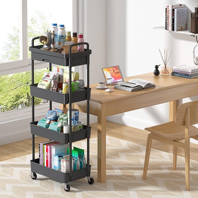 4-Tier Rolling Cart，Trolley with Drawer, Kitchen Storage Organizer with Plastic Shelf & Metal Wheels, Storage Cart for Living Room, Kitchen, Office, Bathroom, Black - LeafyLoom