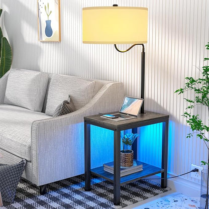 LED Floor Lamp with Table, Side Table with LED Light and Power Outlet, Bedside Nightstand with Lamp, End Table with Lamp Attached for Living Room, Bedroom, USB Ports, Bulb Included, Black Oak - LeafyLoom