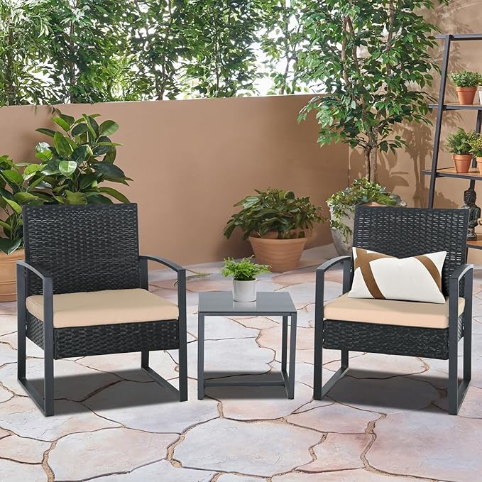 3 Pieces Patio Furniture Set, Outdoor Patio Set, Patio Bistro Set, All-Weather Wicker Conversation Set with Cushions Table for Porch Backyard (Black-Brown) - LeafyLoom