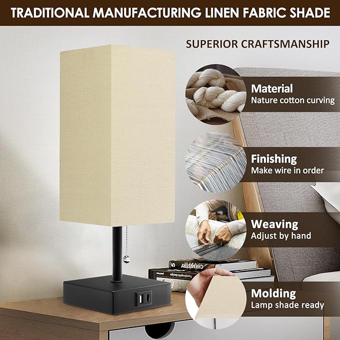 Bedside Lamp for Bedroom with USB Port, Beige Table Lmp with USB C + A Charging Ports, Pull Chain Nightstand Lamp with Fabric Shade for Living Room, Dorm, Home Office (LED Bulb Included) - LeafyLoom