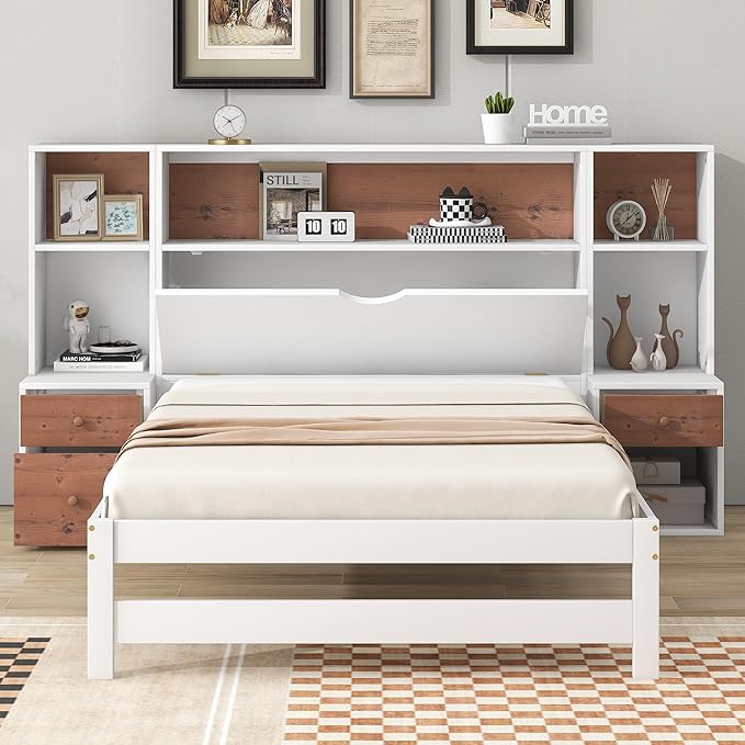 Merax Wood Bed Frame with Storage Headboard and Drawers, Twin Size Platform Bed with Nightstands, No Box Spring Needed White - LeafyLoom