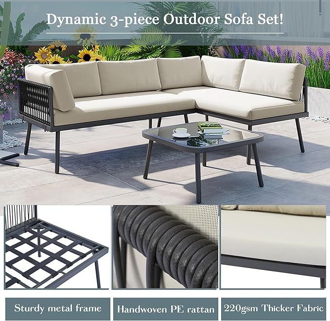 3-Piece Outdoor Patio Furniture PE Rattan Sofa Set, All Weather L-Shaped Sectional Couch with Removable Cushions and Glass Table, for Backyard Poolside Garden, Metal Frame, Onesize, Beige - LeafyLoom