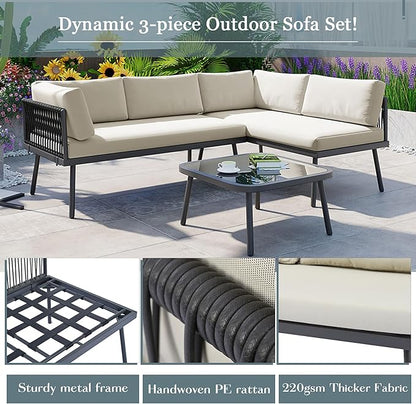 3-Piece Outdoor Patio Furniture PE Rattan Sofa Set, All Weather L-Shaped Sectional Couch with Removable Cushions and Glass Table, for Backyard Poolside Garden, Metal Frame, Onesize, Beige - LeafyLoom