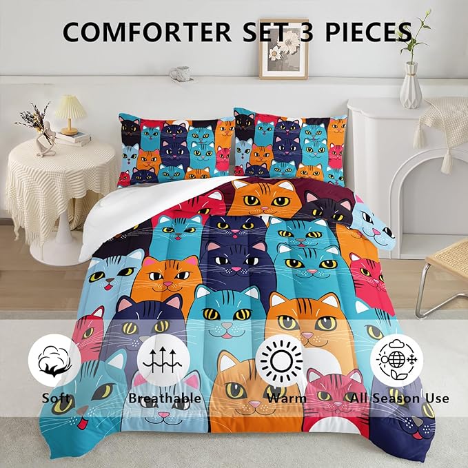 Axolotl Cartoon Cat Comforter Set Kids Bedding Full Size,Cute Colorful Cat Bedding Set for Kids Boys Girls Adults Teens Room Decor,Kids Comforter Set All Season,1 Comforter 2 Pillow Cases - LeafyLoom