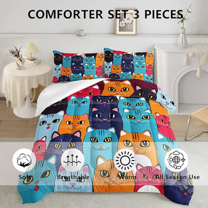 Axolotl Cartoon Cat Comforter Set Kids Bedding Full Size,Cute Colorful Cat Bedding Set for Kids Boys Girls Adults Teens Room Decor,Kids Comforter Set All Season,1 Comforter 2 Pillow Cases - LeafyLoom