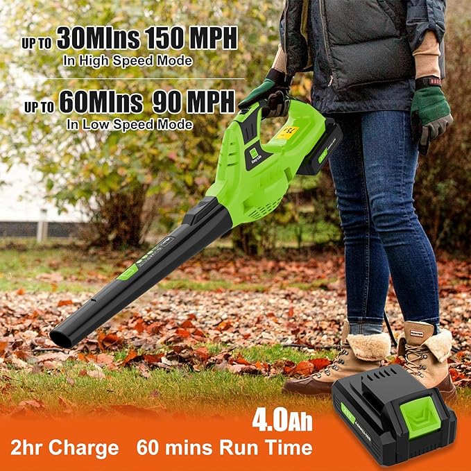 Leaf Blower Cordless,4.0Ah 21V Handheld Electric Leaf Blower with Battery and Charger, 2 Speed Mode, Lightweight Battery Powered Blowers for Lawn Care, Patio, Yard, Sidewalk,Snow Blowing - LeafyLoom