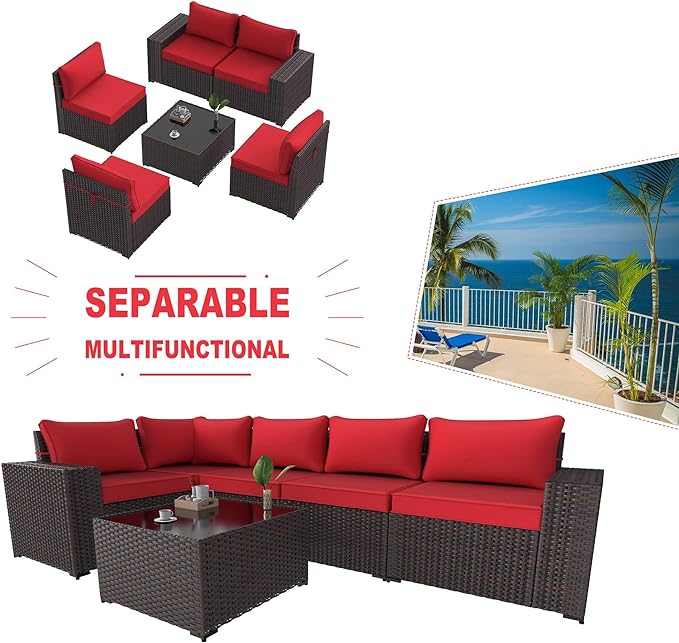 Kullavik 6PCS Outdoor Patio Furniture Set PE Wicker Rattan Sectional Sofa Patio Conversation Sets,Red - LeafyLoom