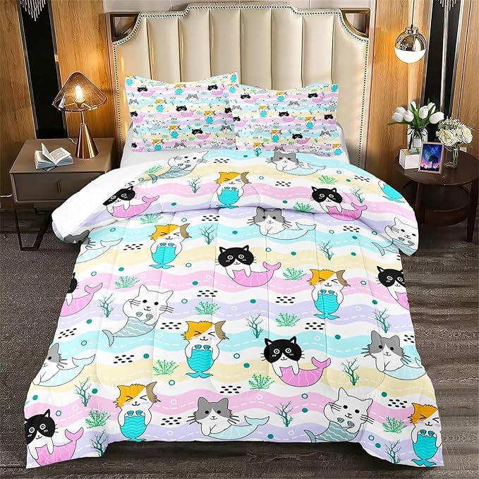 Girls Cat Bedding Set Queen Size - 3Pcs Cute Cartoon Mermaid Tail Cat Patterns Comforter Set for Girls Boys Kids Bedroom Cat Bedding Room Decor for All Season, 1 Comforter 2 Pillow Cases - LeafyLoom