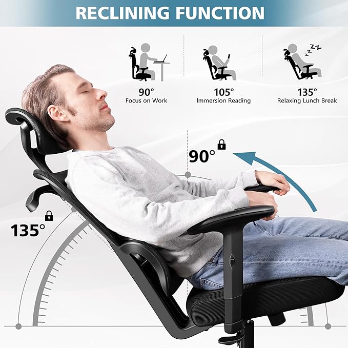 Primy Office Chair Ergonomic Desk Chair, High Back Computer Gaming Chair, Comfy Big and Tall Home Office Chair with Lumbar Support, Breathable Mesh Reclining Chair Adjustable Armrests Headrest(Black) - LeafyLoom