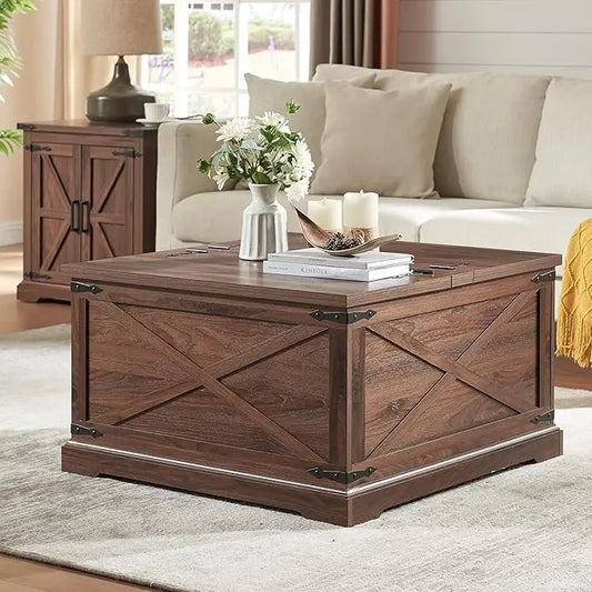 Farmhouse Square Coffee Table with Storage, Wood Center Table with Hinged Lift Top, Rustic Cocktail Table with Large Hidden Storage Compartment for Living Room, Bedroom,Brown - LeafyLoom