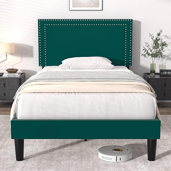 VECELO Twin Size Platform Bed Frame with Height Adjustable Upholstered Headboard, Modern Mattress Foundation,Strong Wood Slat Support, No Box Spring Needed, Easy Assembly - LeafyLoom