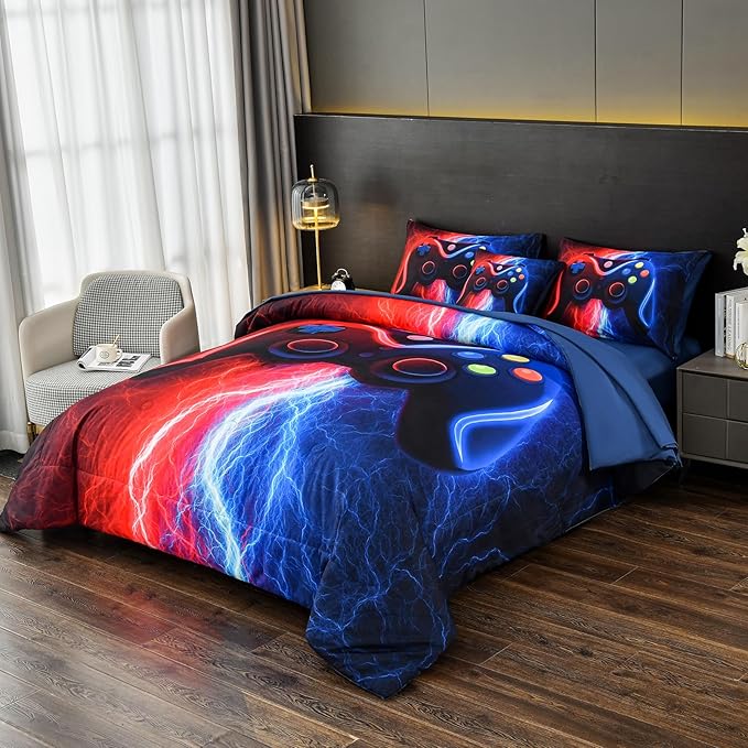 DORCAS Gamer Comforter Sets with Sheets for Boys,Full Size Gamer Bedding Sets Boys,6 Pieces Lightning Gaming Bedding Set for Boys Kids Teens(Red&Blue, Full) - LeafyLoom