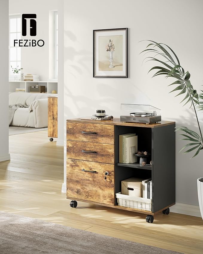 FEZIBO 3-Drawer Mobile File Cabinet, Lateral Filing Cabinet with Lock, Printer Stand with Open Storage Shelves for Home Office, Filing Cabinets for Home Office, Vintage&Black - LeafyLoom