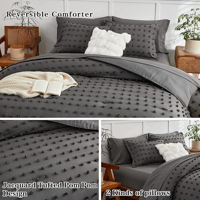 7 Pieces Tufted Dots Bed in a Bag King Comforter Set with Sheets Grey , Soft and Embroidery Shabby Chic Boho Comforters, Solid Color with Pom Pom Design, Jacquard Tufts Bedding Set for All Season - LeafyLoom