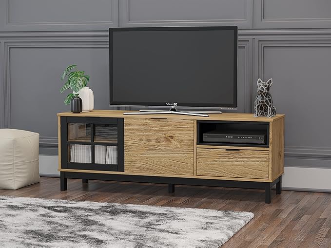 Home Wood Modern TV Stand for 55 60-inch TV with Doors - Entertainment Center with Storage Cabinets - TV Console, Media Console for Living Room -Light Wood and Black Console for Living Room or Bedroom - LeafyLoom