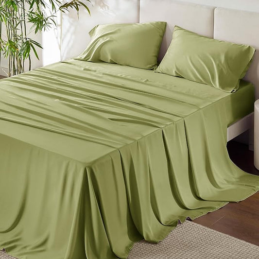 Bedsure Full Size Sheets, Cooling Sheets Full, Rayon Derived from Bamboo, Deep Pocket Up to 16", Breathable & Soft Bed Sheets, Hotel Luxury Silky Bedding Sheets & Pillowcases, Green - LeafyLoom