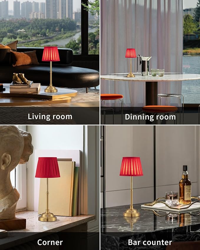 KDG Cordless LED Table Lamp Set of 2, Portables Fabric Shade Desk Lamps, 5000mAh Rechargeable Battery Powered Lighting, Dimmable Light for Dining Room, Bedroom, Bedside, Night Light, Balcony (Red) - LeafyLoom