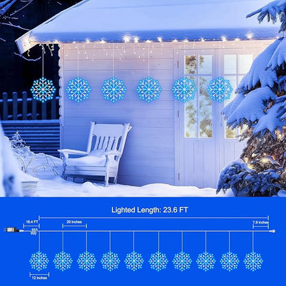 Christmas Snowflake Icicle Lights Outdoor - Plug-in 23.6ft 10 Drops 480LED Snowflake Window Lights, Connectable for Indoor Outdoor Porch Eaves Rooftops Canopy Christmas Decoration, Blue and White Brightown