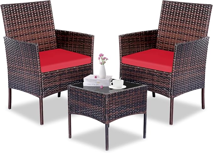 Patio Furniture Set 3 Pieces All-Weather Rattan Outdoor Furniture Patio Chairs with Tempered Glass Table for Porch Bistro Balcony Bistro Set(Brown/Red) - LeafyLoom