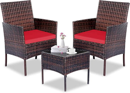 Patio Furniture Set 3 Pieces All-Weather Rattan Outdoor Furniture Patio Chairs with Tempered Glass Table for Porch Bistro Balcony Bistro Set(Brown/Red) - LeafyLoom