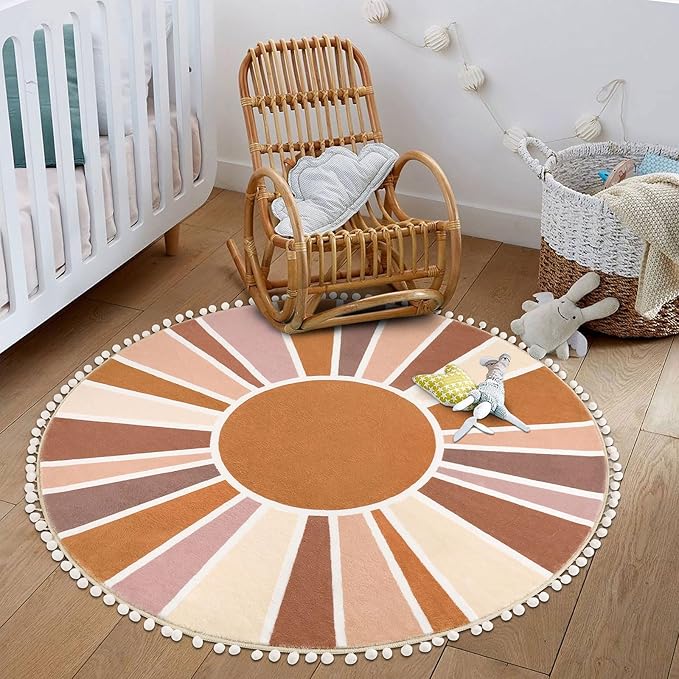 Topotdor Boho Round Area Rug 4ft Sun Rainbow Nursery Rugs for Kids Room, Washable Ultra Soft Circle Area Rug with Pom Poms, Non-Slip Accent Throw Rugs for Bedroom Entryway Living Room Decor - LeafyLoom