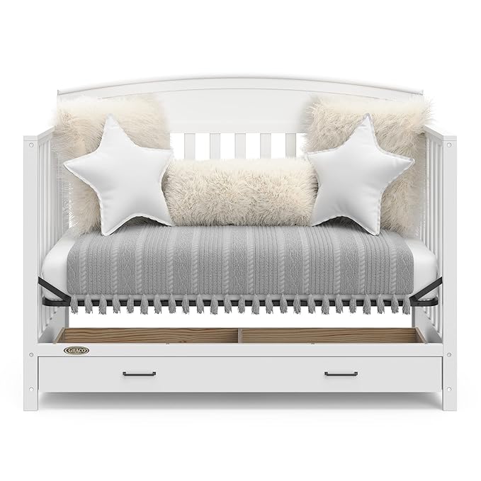 Graco Benton 5-in-1 Convertible Crib with Drawer (White) - Converts from Baby Crib to Toddler Bed, Daybed and Full-Size Bed, Fits Standard Full-Size Crib Mattress, Adjustable Mattress Support Base - LeafyLoom