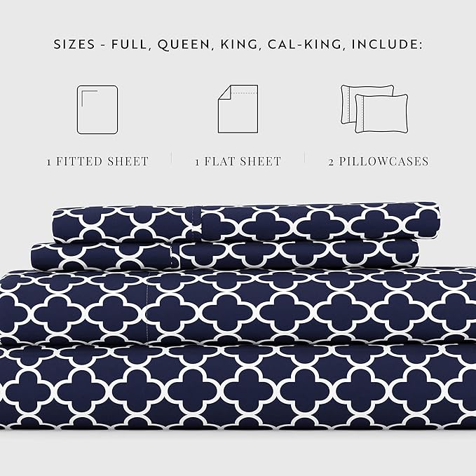 Linen Market 4 Piece California King Bedding Sheets Set (Navy Quatrefoil) - Sleep Better Than Ever with These Ultra-Soft & Cooling Bed Sheets for Your Cal King Size Bed - Deep Pocket Fits 16" Mattress - LeafyLoom