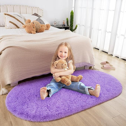 Merelax Soft Shaggy Rug for Kids Bedroom, Oval 2.6'x5.3' Purple Plush Fluffy Carpets for Living Room, Furry Carpet for Teen Girls Room, Anti-skid Fuzzy Comfy Rug for Nursery Decor Cute Baby Play Mat - LeafyLoom