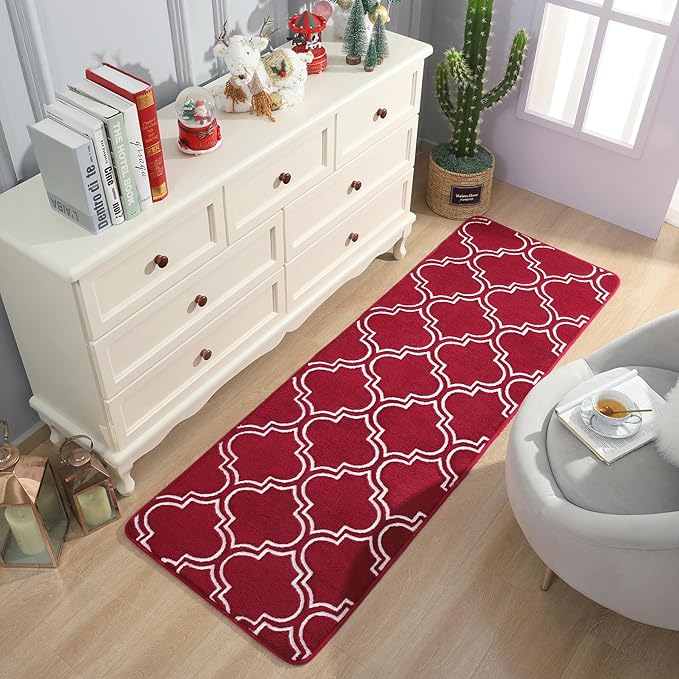 Chicrug Shag Geometric Modern Runner Rug for Bedroom, 2x6 Feet Memory Foam Indoor Hallway Runner Carpet, Fluffy Rug for Living Room Bedside Room Decor for Family, Wine Red/White - LeafyLoom