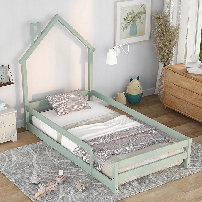 Bellemave Twin Size House-Shaped Headboard Floor Bed with Fences, Wooden Montessori Bed for Kids,House Bed Twin Frame for Girls,Boys (Light Green) - LeafyLoom