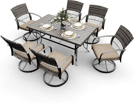 Pamapic 7 Piece Patio Dining Set for 6,Wicker Outdoor Furniture Set for Backyard Garden Deck Poolside with Iron Slats Table Top,6 Cushions Swivel Rocker Chairs,Removable Cushions(Beige) - LeafyLoom