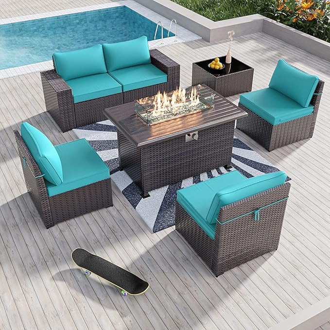 Kullavik 7 Pieces Outdoor Patio Furniture Set with 43" 55000BTU Gas Propane Fire Pit Table PE Wicker Rattan Sectional Sofa Patio Conversation Sets,Green Blue - LeafyLoom