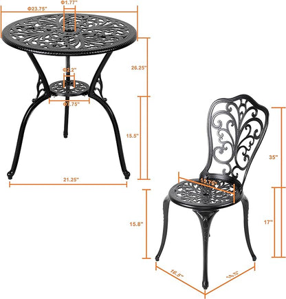 NUU GARDEN 3 Piece Bistro Set Outdoor, All Weather Cast Aluminum Patio Bistro Sets Patio Table and Chairs Set of 2 with Umbrella Hole for Yard, Balcony, Black, Butterfly Backrest - LeafyLoom