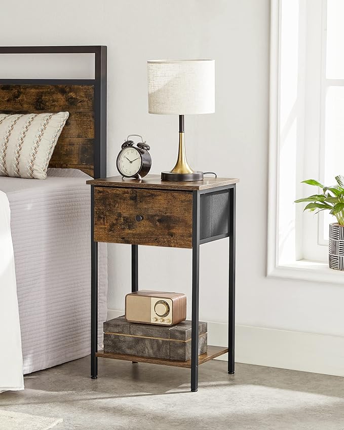 VASAGLE Nightstand, Side Table with Fabric Drawer, 24-Inch Tall End Table with Storage Shelf, Bedroom, Rustic Brown and Black ULGS021B01 - LeafyLoom