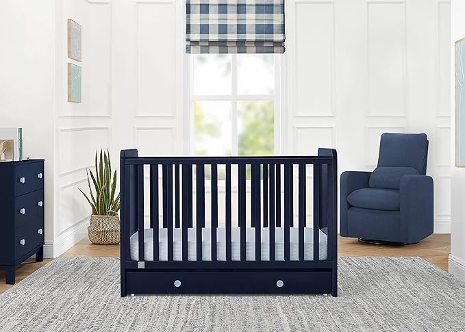 babyGap by Delta Children Graham 4-in-1 Convertible Crib with Storage Drawer TrueSleep Crib and Toddler Mattress (Bundle), Navy/Light Blue - LeafyLoom