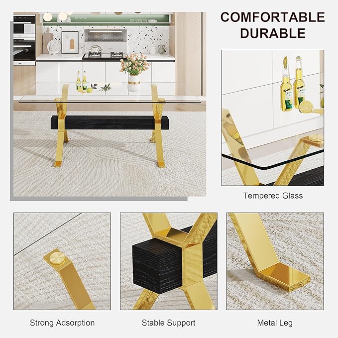 NicBex Dining Table Modern Tempered Glass Dining Table Large Modern Office Desk with Gold Plated Metal Legs and MDF Crossbars, Suitable for Both Home and Office Use, Gold + Black - LeafyLoom