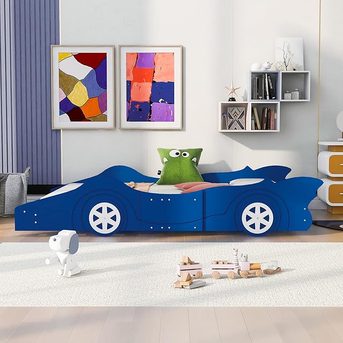 Car Shaped Toddler Bed with Wheels,Racecar Platform Beds W/Safety Guardrail,Slats Support,Stylish Design,Easy Assembly,Wood Full Bedframe for Boys Toddlers Kids Teens Bedroom,Blue - LeafyLoom