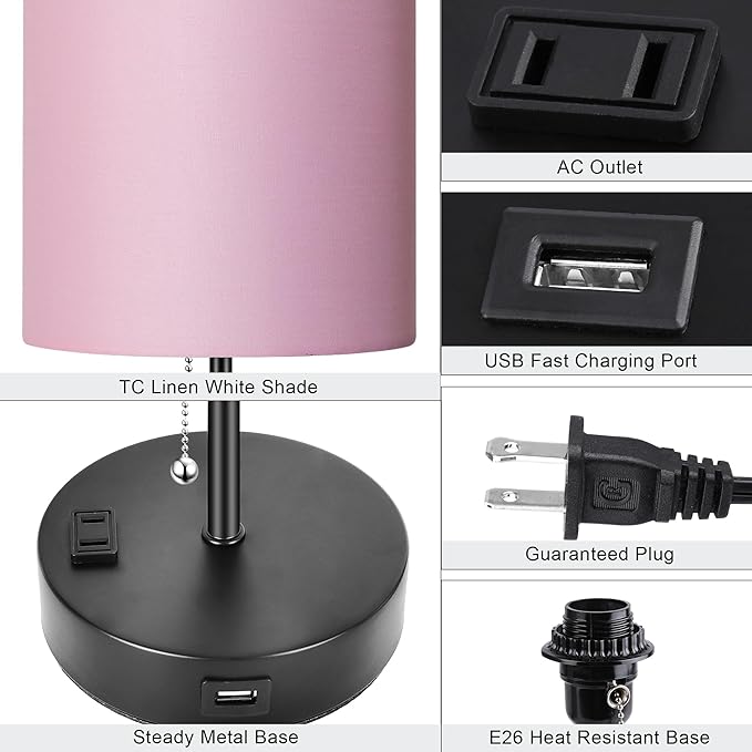 WIHTU 3 Color Temperature Bedside Table Lamps Set of 2, Modern Small Lamp with USB and Outlet, Bedroom Lamp for Nightstand with Chain Switch, Pink Desk Lamp for Living Room, Two Bulbs Included - LeafyLoom