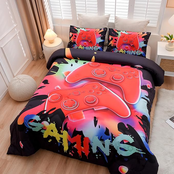 Aimuan Gaming Comforter Sets for Boys Kids Bedding Sets Video Games Console Action Buttons Novelty Colorful Game Gamepad Controller Modern Gamer Room Decor Home Quilt Set (Twin, Black) - LeafyLoom