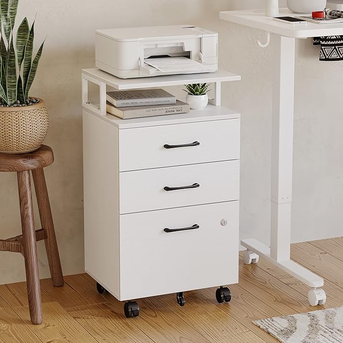 FEZIBO File Cabinet with Lock for Home Office, 3-Drawer Rolling Filing Cabinet, Home Office File Cabinet for A4/Letter/Legal Size, Printer Stand, Wooden Storage Cabinet, White - LeafyLoom