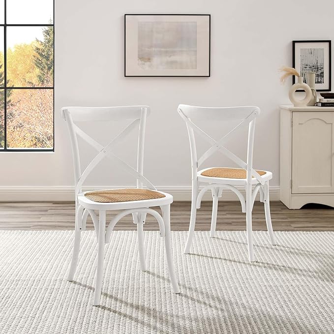 Modway Gear Rustic Modern Farmhouse Elm Wood Rattan Two Dining Chairs in White - LeafyLoom